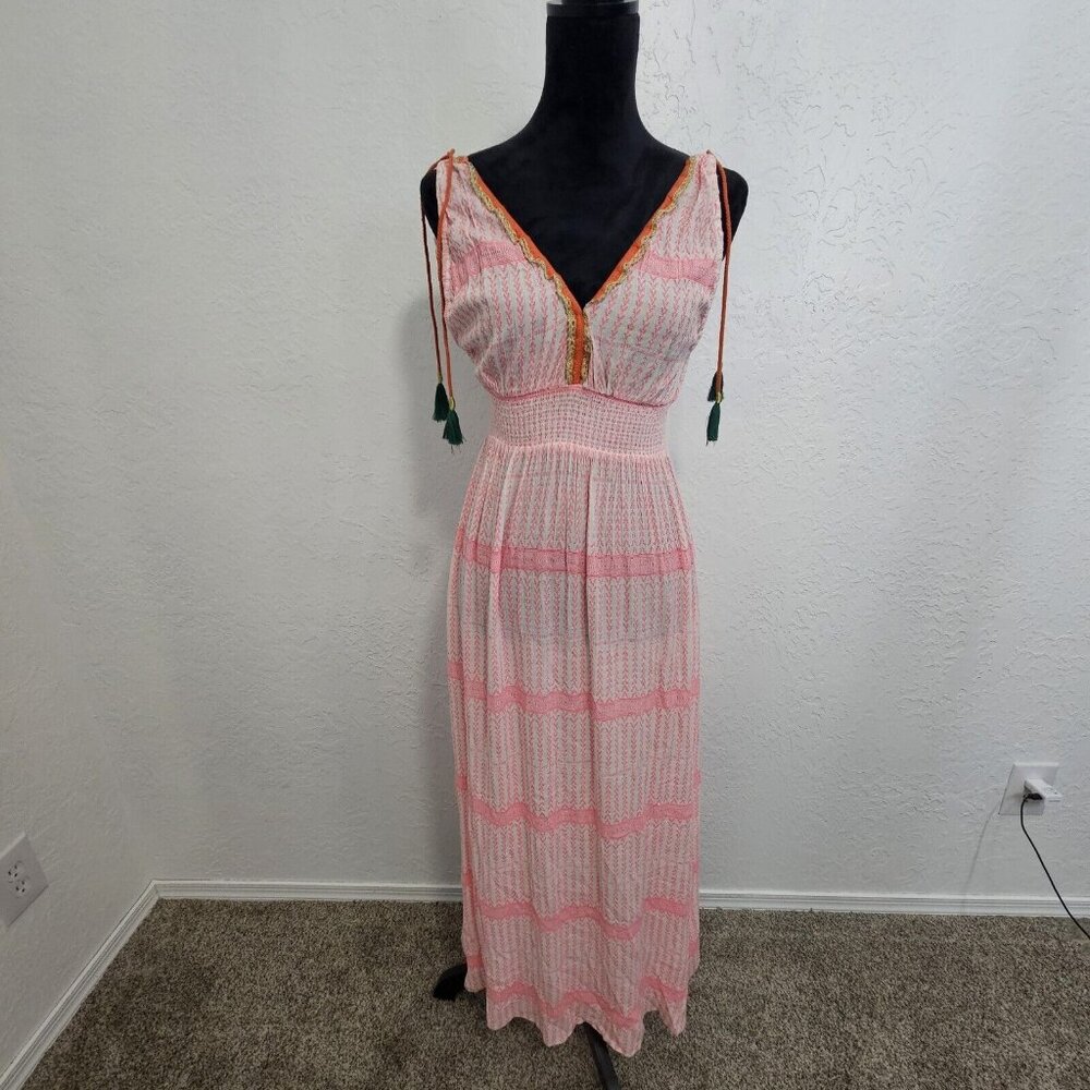 Place Du Soliel Babydoll Maxi Plunge Dress Boho Tassel Sz Small Pink Barbiecore